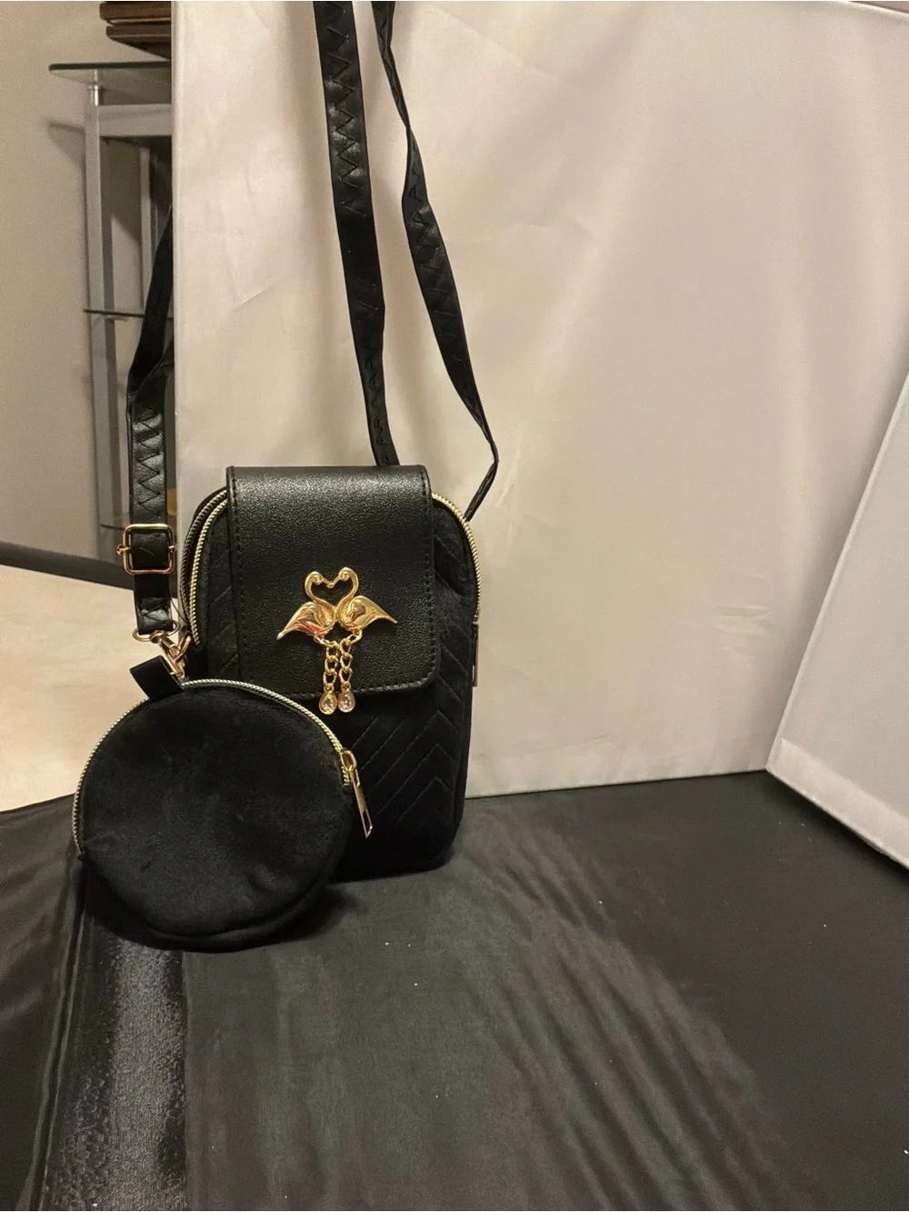 Elegant Black Crossbody Phone Bag with Gold Accent w coin purse